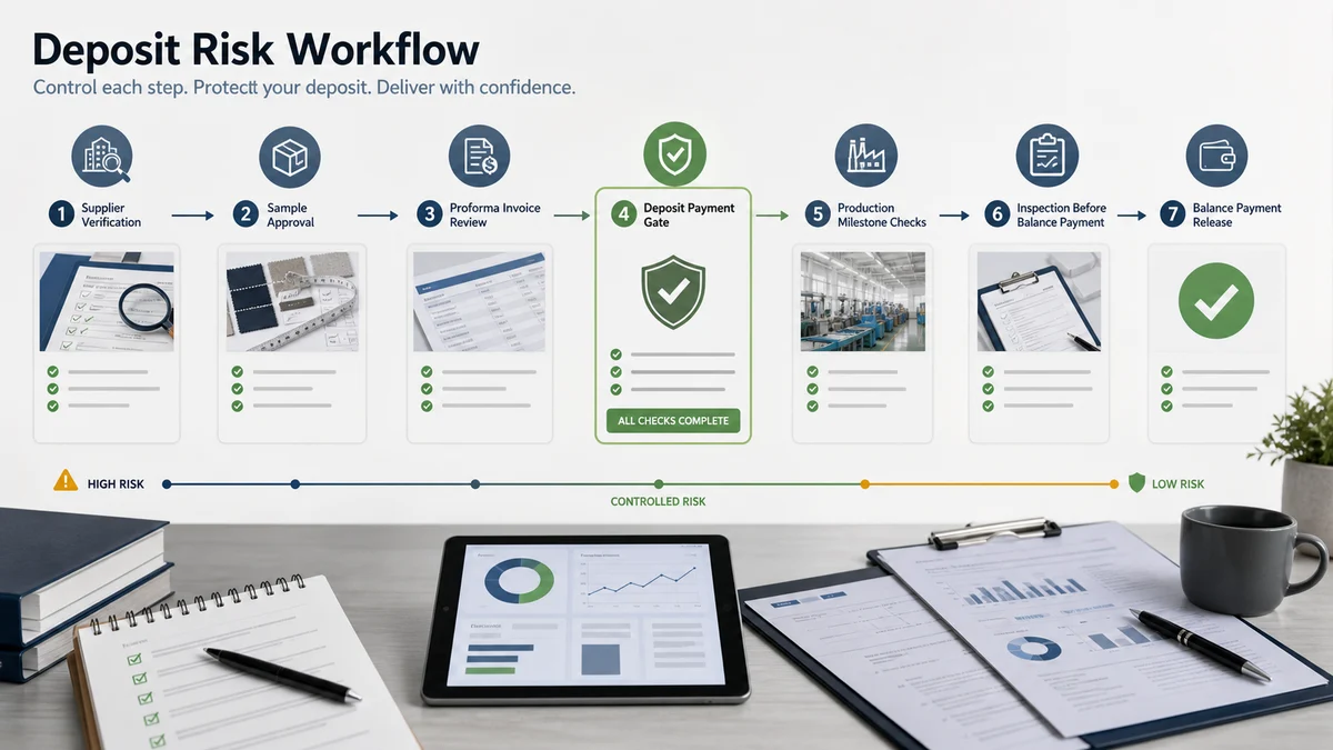 Deposit risk workflow from supplier verification to sample approval, invoice review, production milestones, inspection, and balance payment release