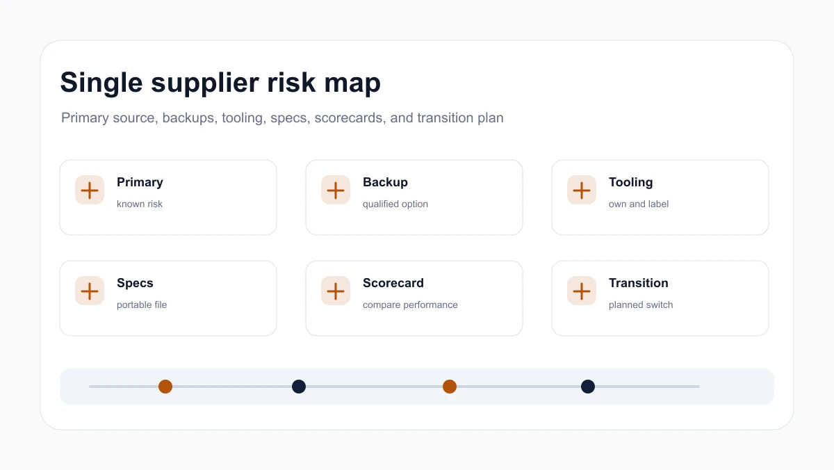 Supply risk map with primary supplier, backup supplier, critical components, and mitigation plan