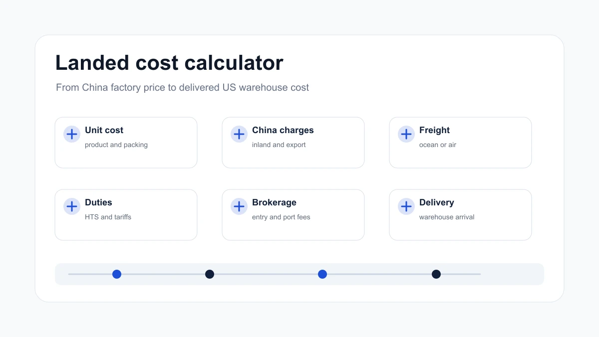 Landed cost calculator sheet from factory price to delivered US warehouse cost