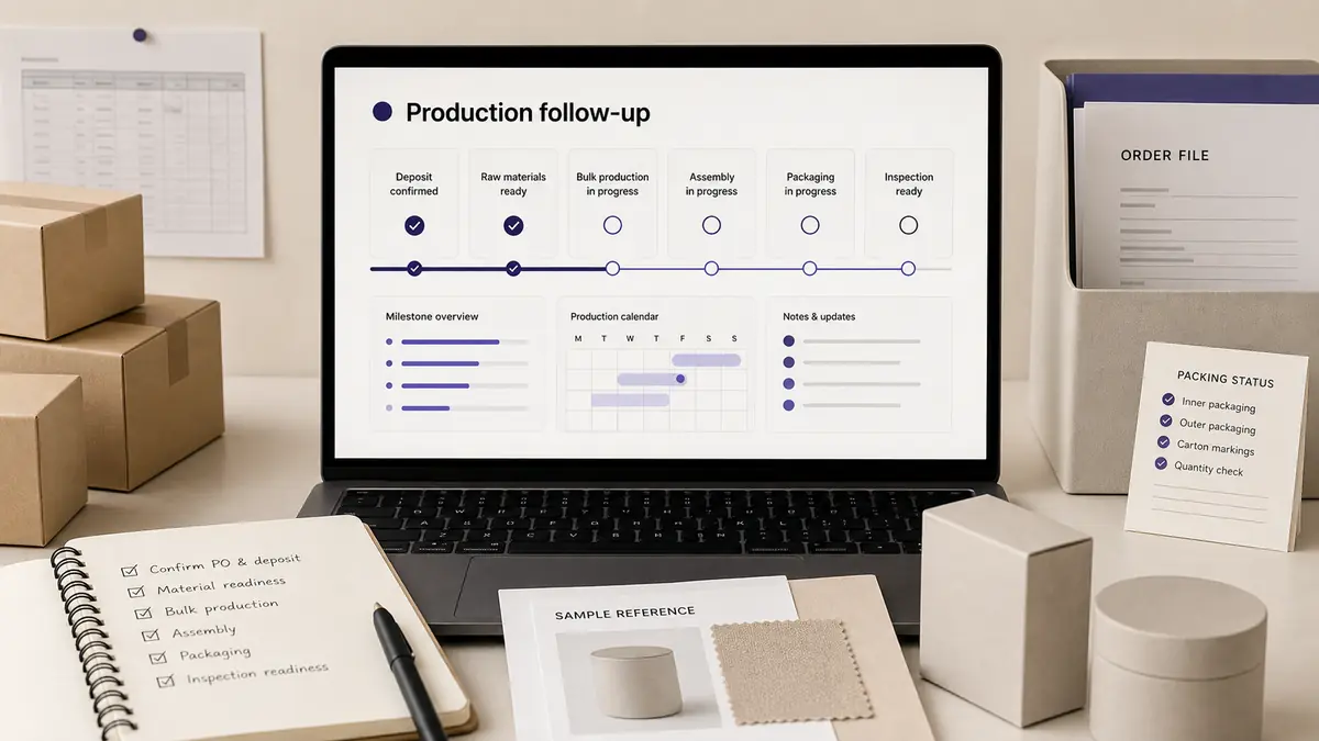 China production follow-up checklist with supplier milestone dashboard and order tracking board