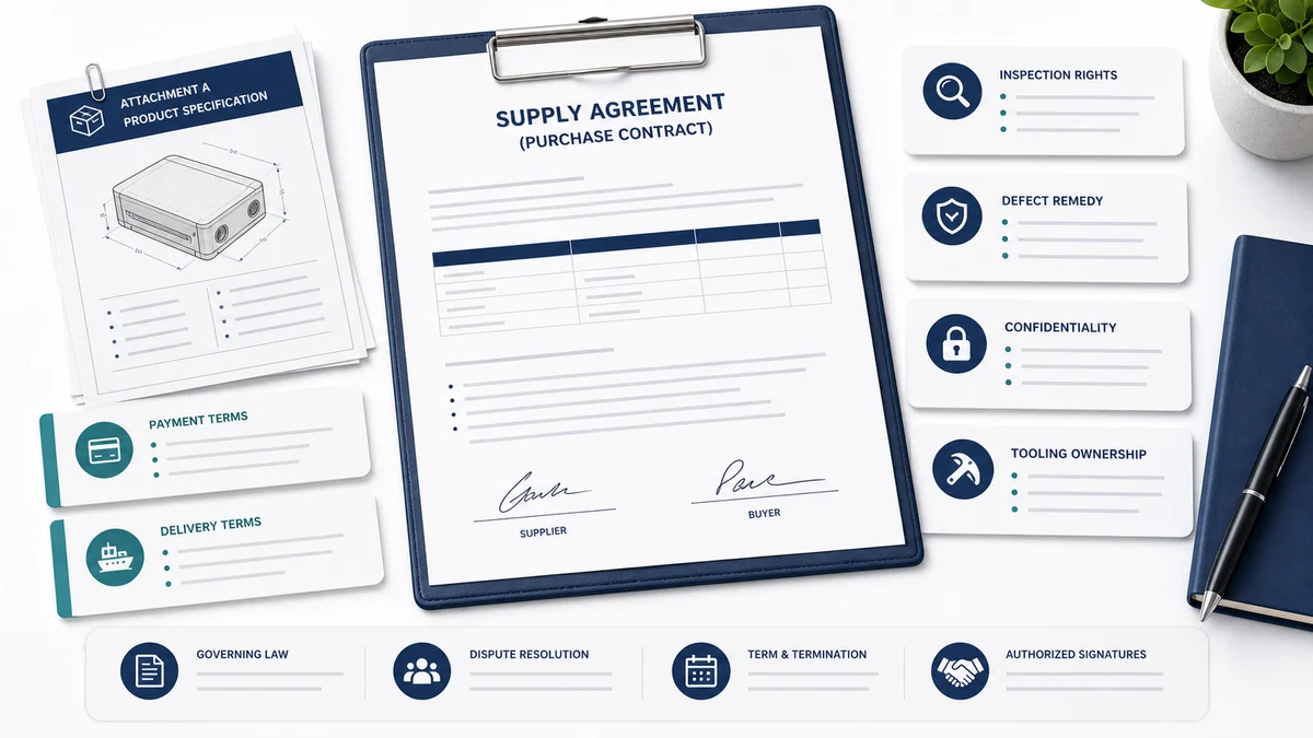 Contract review desk with purchase order, specification attachment, payment terms, and inspection clause markers