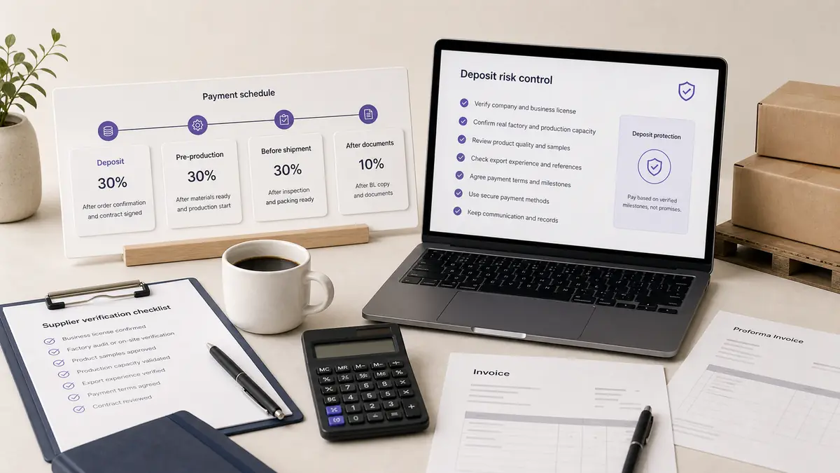 China supplier payment terms and deposit risk workflow with invoice payment schedule and verification checklist