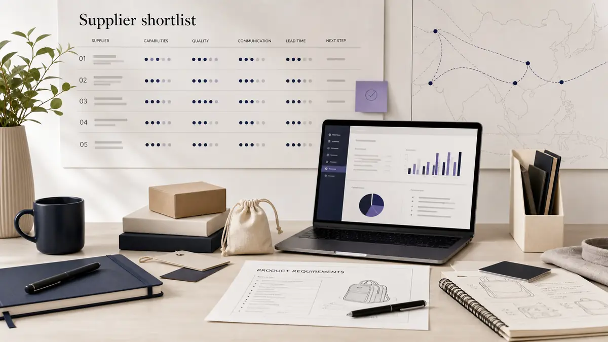 China supplier search process with supplier shortlist board and sourcing dashboard