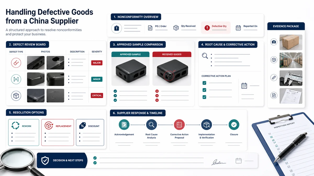 Defect review board with product photos, severity labels, corrective action notes, and supplier response