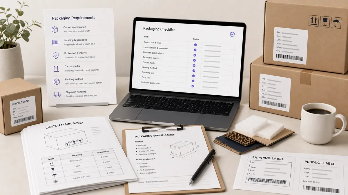 Packaging requirements for China manufacturing order with carton marks labels and packaging samples