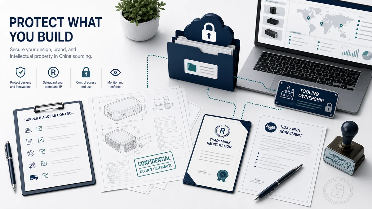 Product design files, trademark certificate, locked folder, and supplier access checklist