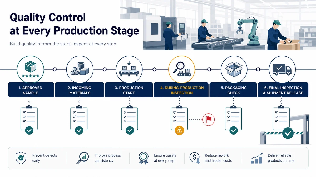 Production timeline with QC checkpoints from sample approval to shipment