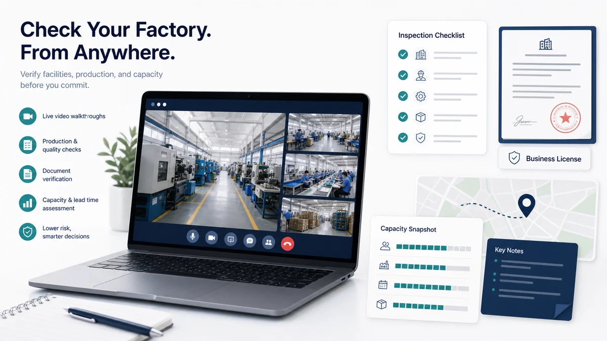 Remote video inspection with factory floor frames, checklist, map pin, and document review