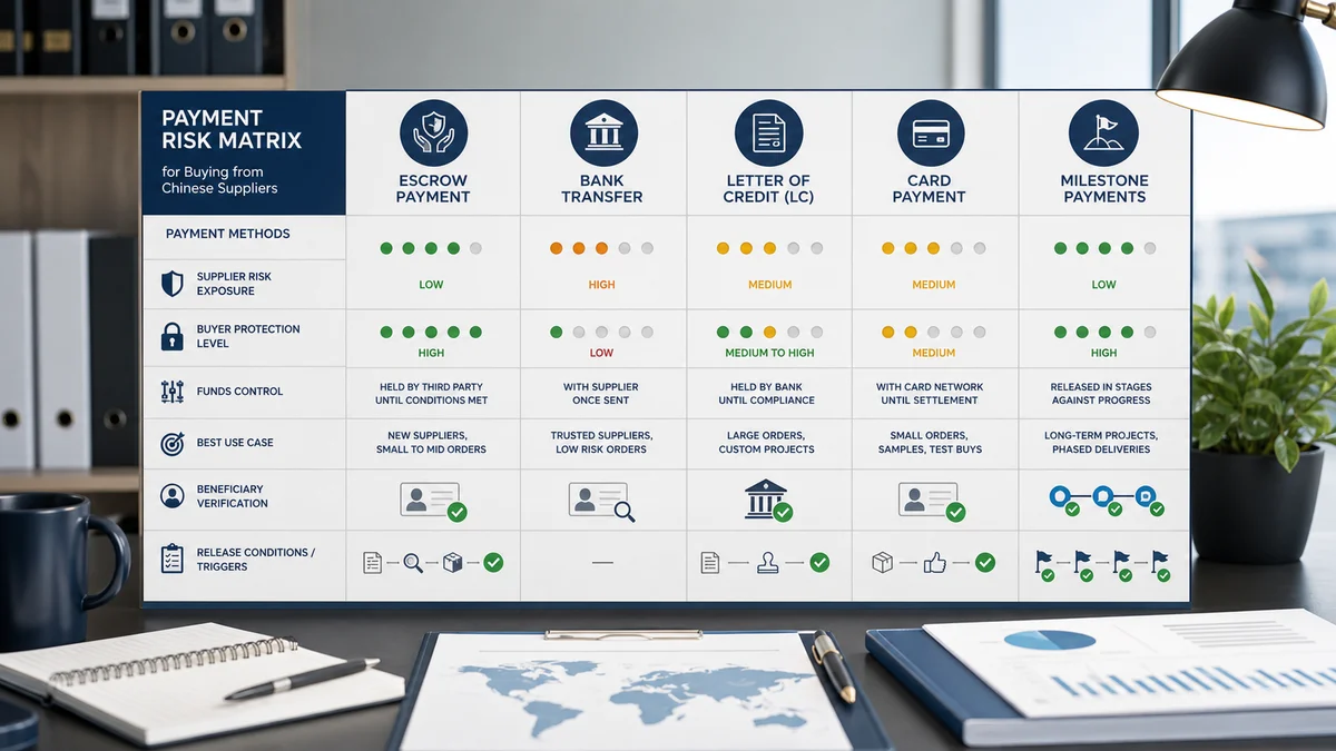Payment risk matrix comparing escrow, bank transfer, letter of credit, card payment, and milestone payments for China suppliers