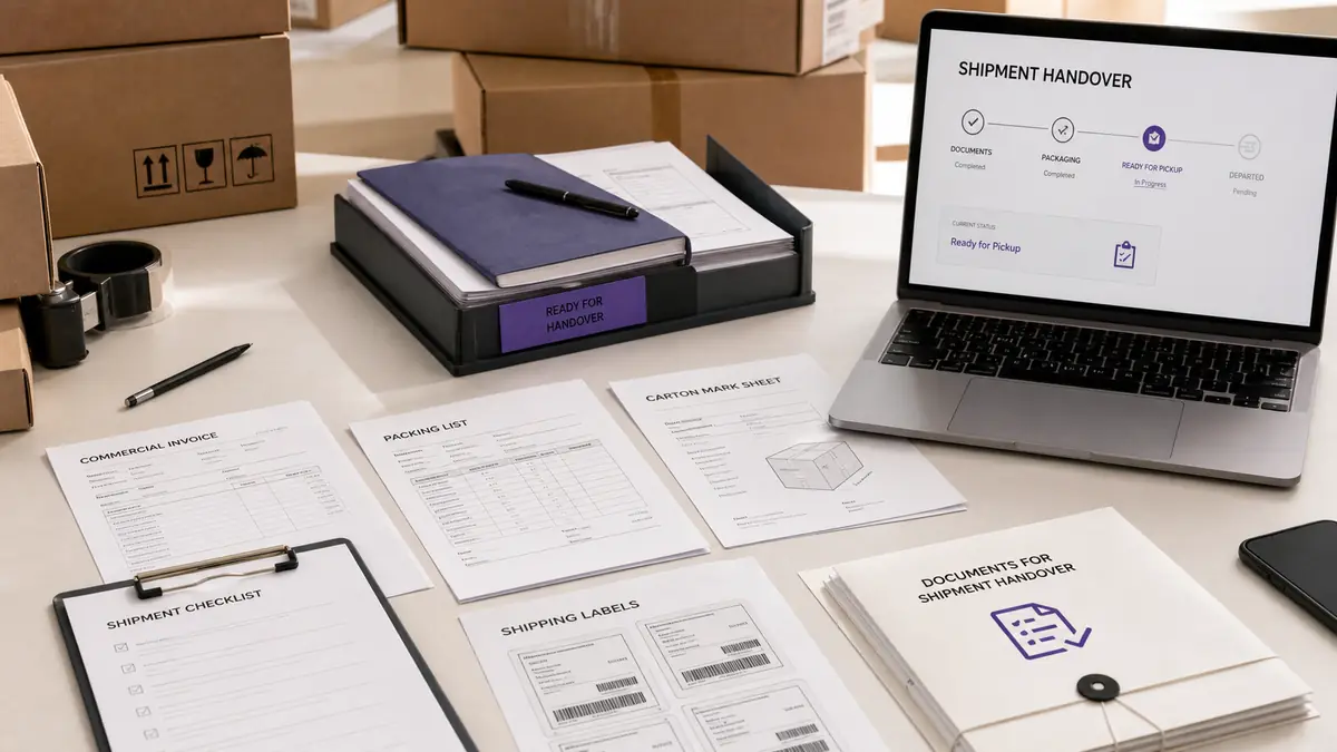 Shipment handover documents from China supplier with packing list invoice carton marks and boxes