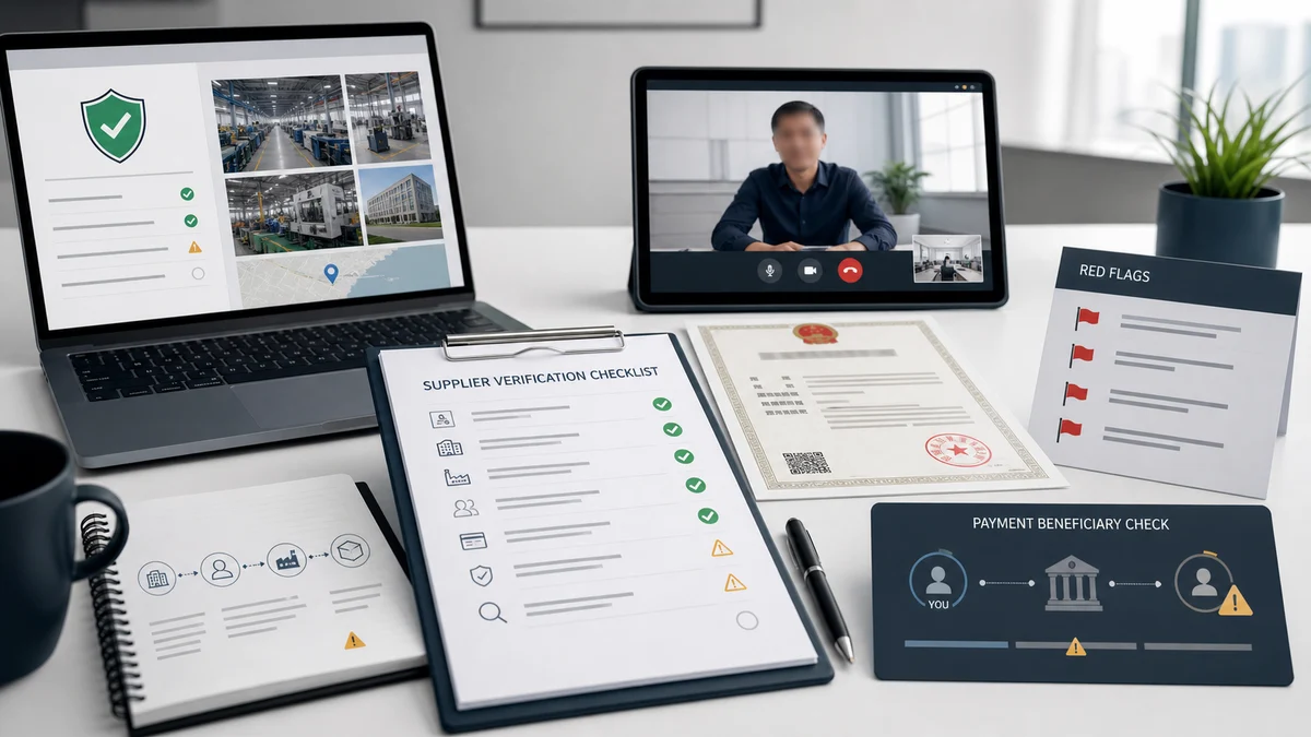 China supplier verification desk with business license, factory photos, video call, and payment beneficiary checks