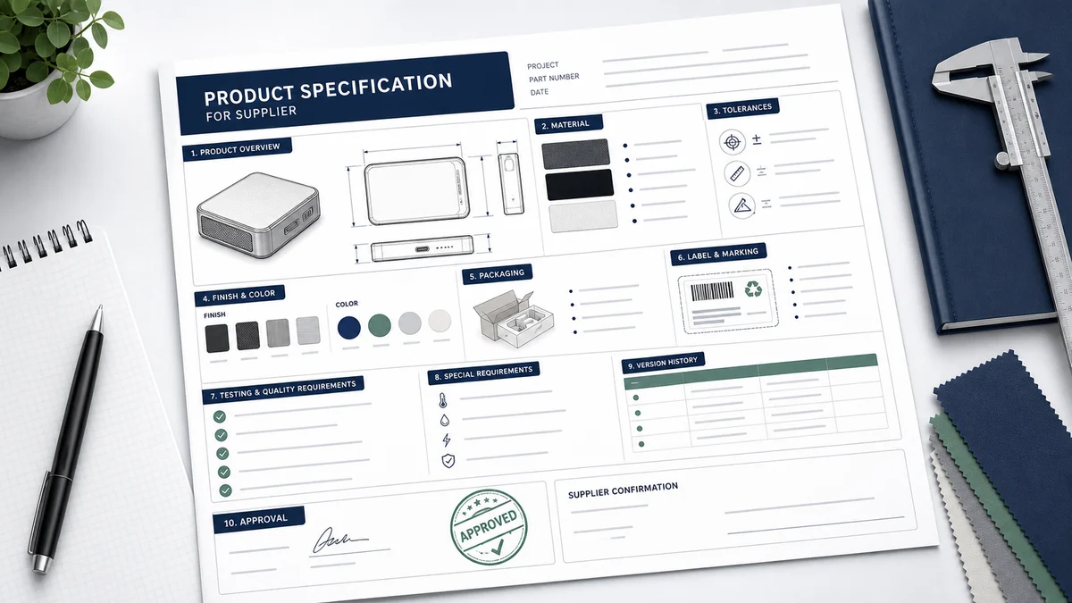 Product specification document with dimensions, material callouts, packaging notes, and approval stamp